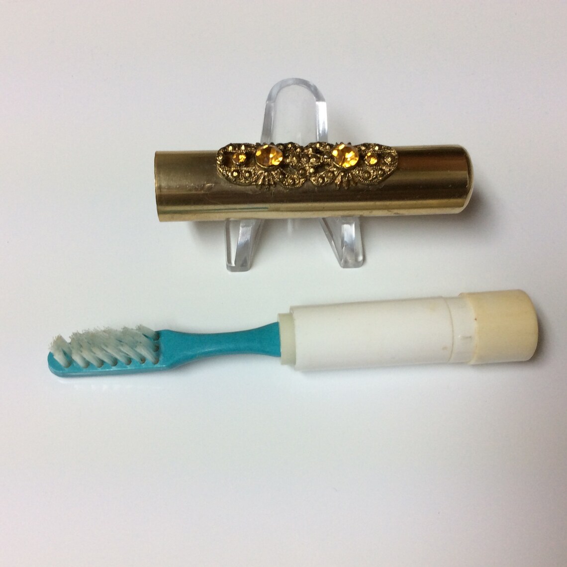Vintage Toothbrush Holder Gold Tone Metal Amber Rhinestones Etsy