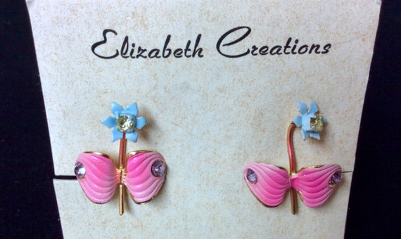 Vintage Clip On Earrings Pink Enamel Blue Flowers… - image 2