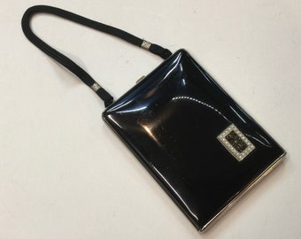 Black Enamel Mondaine Miniaudiere Carryall Handle Seed Pearl Cartouche