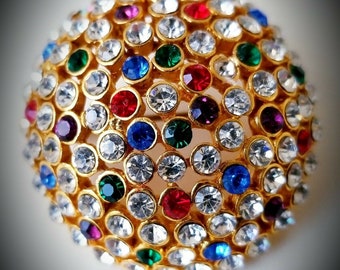 Vintage Brooch Multi Colored Rhinestones Domed