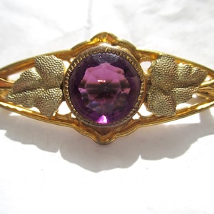 Vintage Lapel Brooch Pin Large Purple Rhinestones with Stipled Leaves 1930&#39;s