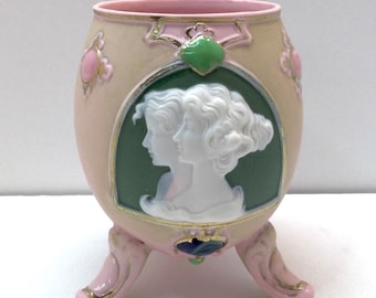 Antique Schafer Vater Rudolstadt Jasperware Three Footed Jeweled Pink Vase