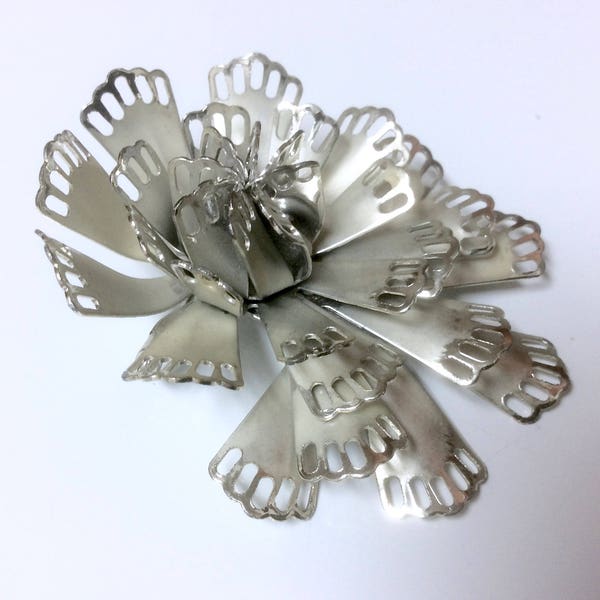 Striking Signed Coro Silver Tone Large 3D Brooch Pin Chrome Cascading Flower Cut Out Petals Modernistic