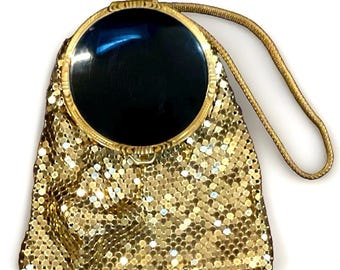 Vintage Evans Gold Mesh Purse Powder Compact Rouge Top Black Enamel Wrist Chain