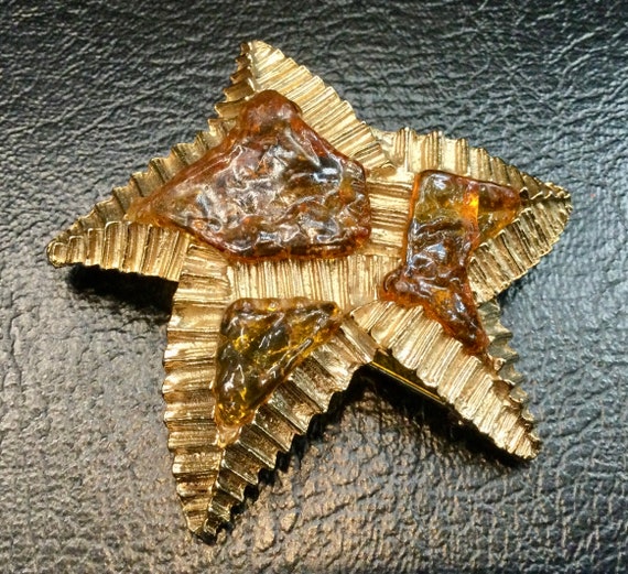 Huge Star Shaped Fall Colors Resin Brooch Gold Te… - image 2