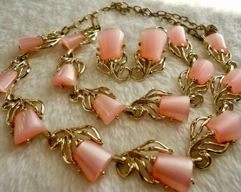 Vintage Thermoset Pink Moon Glow Necklace Bracelet Clip Earring Set Full Parure