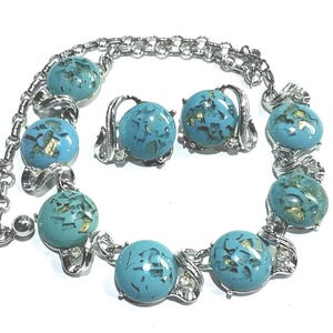 Vintage Signed Coro Thermoset Turquoise Confetti Necklace Clip Earrings Set