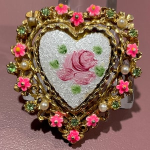 Signed ART Vintage Brooch Guilloche Enamel Seed Pearls Pink Arthur Pepper