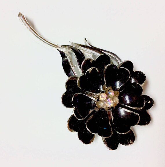 Vintage Signed Coro Black and Silver Tone  Flower… - image 3