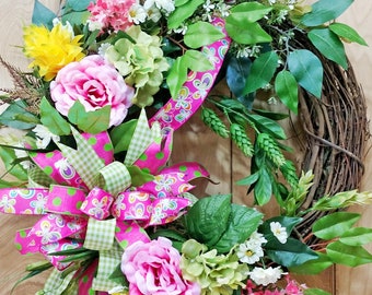 Pink Rose Grapevine Wreath - Whimsical Bow - Triple Bow - Mother's Day - Housewarming - Spring Summer Wreath - Butterfly Gingham Polka Dot