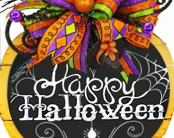 Happy Halloween Chalkboard Pumpkin Wall Hanger, Wood Pumpkin Halloween Sign with Bow Topper