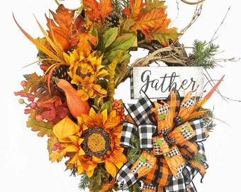 Fall Buffalo Check Grapevine Wreath, Gather Sunflower Wreath