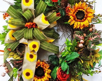 Sunflower Ranunculus Wreath, Large Grapevine, Summer Fall Front Door Wreath