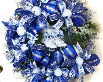 Blue Silver Ice Skate Wreath