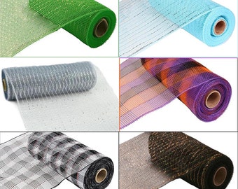 10 In X 30 ft Deco Poly Mesh Metallic Ribbon with Foil or Plaid, Lime Green, Turquoise, Purple Black Orange Plaid, Black White Plaid