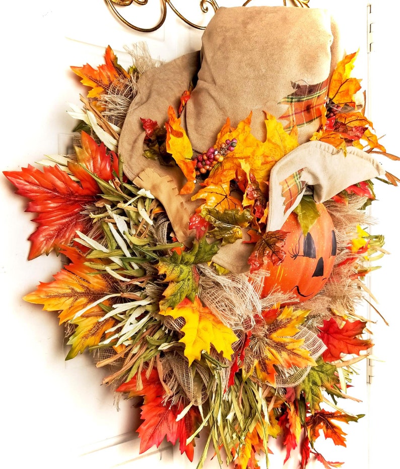 Fall Thanksgiving Pumpkin Scarecrow Wreath Cute Face Scarecrow Wreath Large Fall Deco Mesh Wreath Halloween Pumpkin Wreath