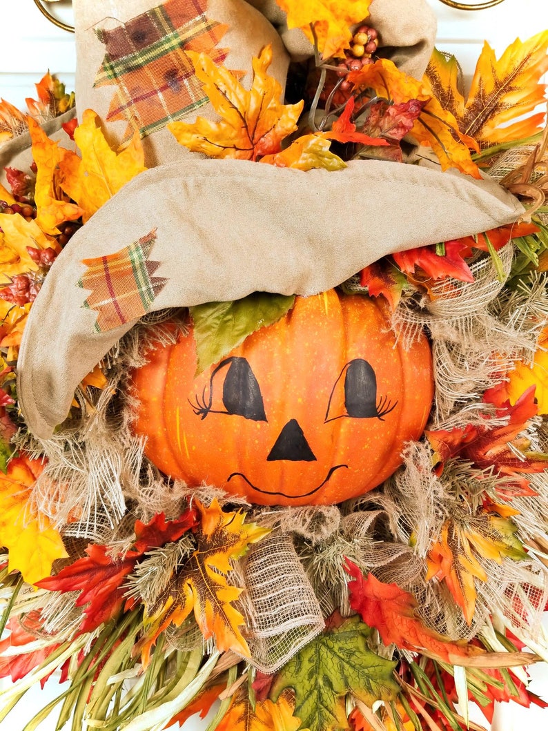 Fall Thanksgiving Pumpkin Scarecrow Wreath Cute Face Scarecrow Wreath Large Fall Deco Mesh Wreath Halloween Pumpkin Wreath
