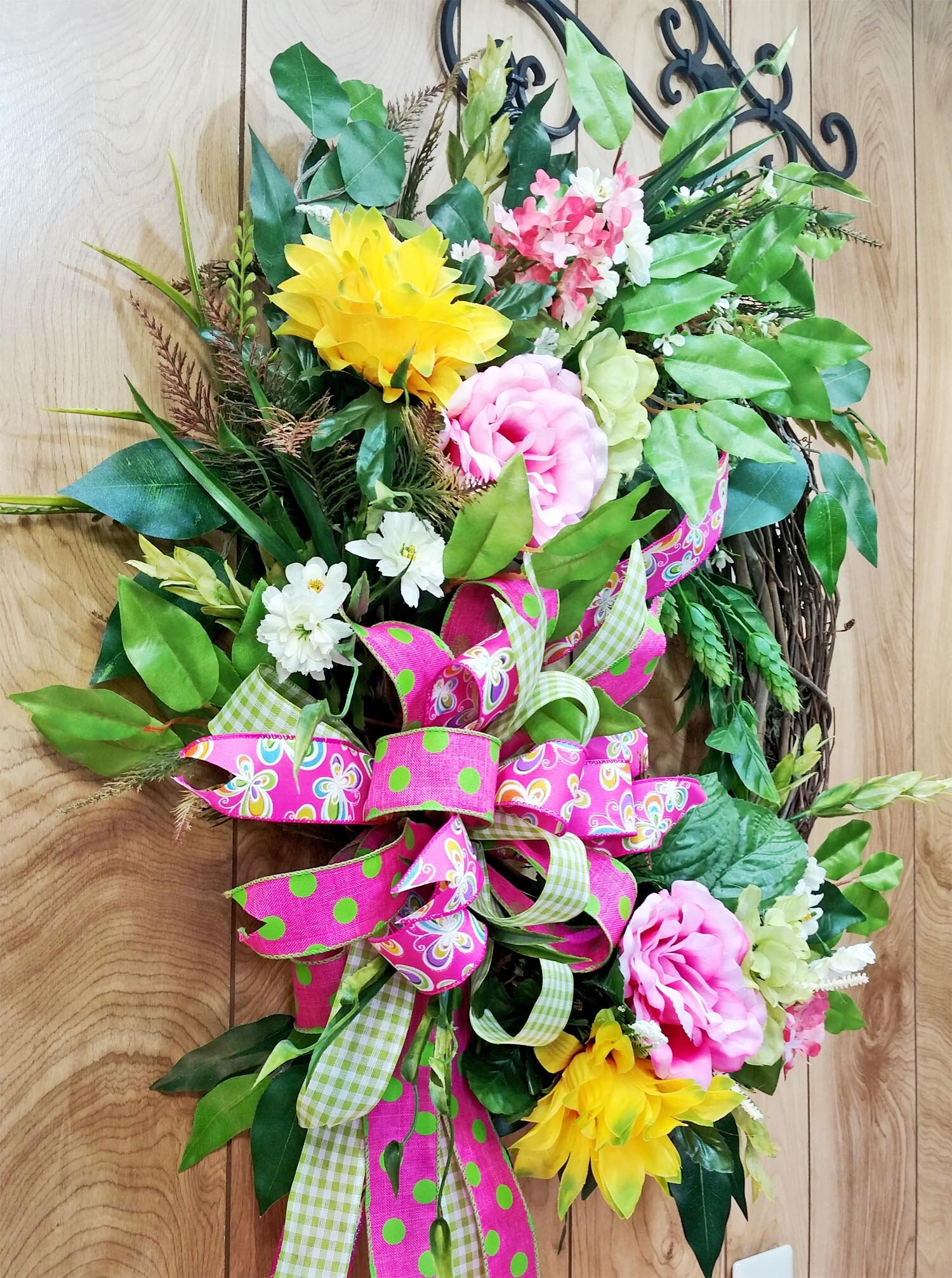 Pink Rose Grapevine Wreath - Whimsical Bow - Triple Bow - Mother's Day ...