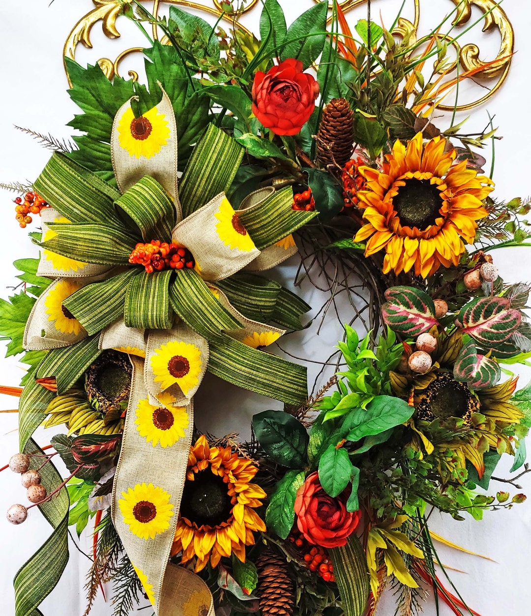 Sunflower Ranunculus Wreath, Large Grapevine, Summer Fall Front Door ...