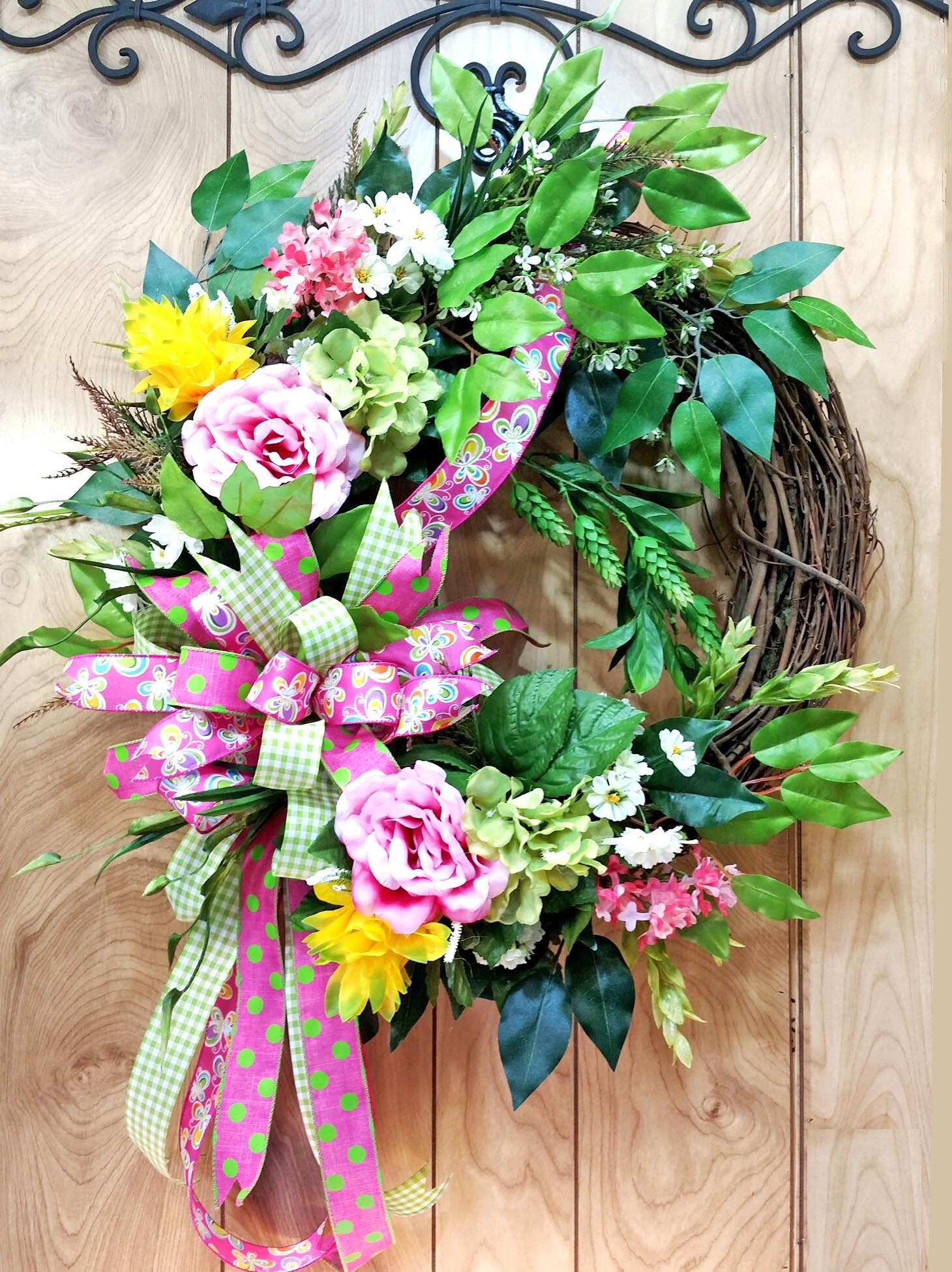Pink Rose Grapevine Wreath - Whimsical Bow - Triple Bow - Mother's Day ...