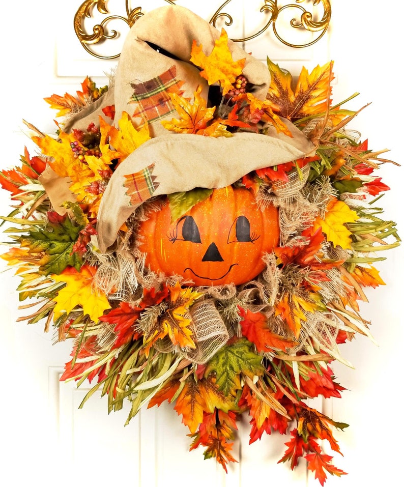 Fall Thanksgiving Pumpkin Scarecrow Wreath Cute Face Scarecrow Wreath Large Fall Deco Mesh Wreath Halloween Pumpkin Wreath