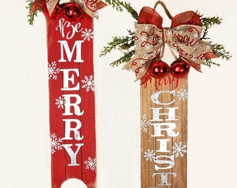 Christmas Sleds Wall Decor,  Merry Christmas Natural Wood Sleds, Wall Hangers, Jingle Bell Bow Swags, Christmas Ornaments, Set of Two