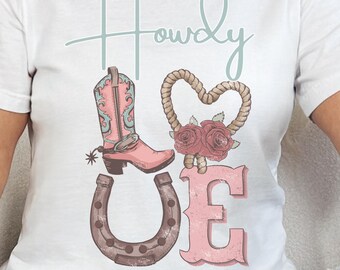 Howdy Love Western PNG Sublimacja, Western Cowgirl PNG, Letnie klimaty Cowgirl, Letnia koszulka Howdy, Różowa koszulka Cowgirl
