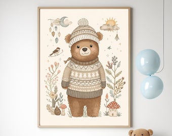 Grafika ścienna do pokoju dziecięcego z misiem do druku | Dekoracja pokoju dziecięcego z leśnymi zwierzętami | Uroczy nadruk z misiem | Grafika ścienna do pokoju dziecięcego | Natychmiastowe pobranie