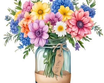 12 Bukiet kwiatów polnych w słoiku typu Mason, Clipart akwarelowy, Dziennik śmieci, Natychmiastowe pobieranie, Rękodzieło papierowe, Album ze zdjęciami, Clipart kwiatów