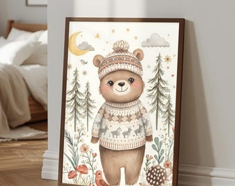 Skandynawska grafika ścienna do pokoju dziecięcego z niedźwiedziem | Dekoracja pokoju dziecięcego z leśnymi zwierzętami | Grafika z niedźwiedziem | Dekoracja pokoju dziecięcego w stylu nordyckim | Grafika ścienna do pokoju dziecięcego