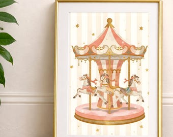 Wydruk na ścianę do pokoju dziecięcego z karuzelą, dekoracja pokoju dziecięcego z końmi w stylu vintage, fantazyjny wydruk karnawałowy do pokoju dziecięcego, natychmiastowe pobranie