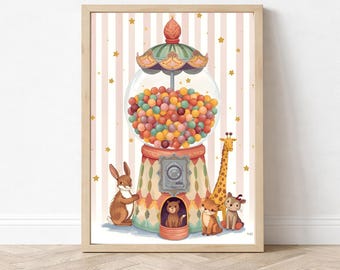 Fantastyczna grafika ścienna do pokoju dziecięcego z automatem do gumy do żucia, dekoracja pokoju dziecięcego z leśnymi zwierzętami, nadruk z króliczkiem, lisem, misiem i żyrafą