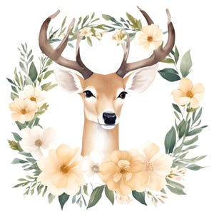 15 Deer Clipart Bundle with Antlers, Floral Wreaths, Woodland Forest Animals, Rustic Fall Boho PNG, Wedding Invite Clip Art