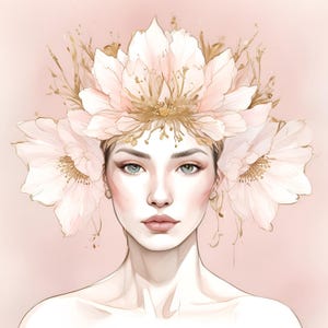 9 Soft Floral Crown Portrait Clipart Set | Elegant Flower Girl Art | Blush Bloom Watercolor Illustrations JPG, Instagram Post