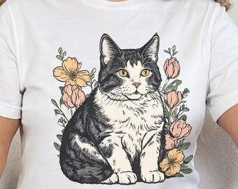 Kwiatowy Kot Png, Prezent dla Niej, Koszulka dla Mamy Kota, Słodki T-shirt z Kotem, Wzór Sublimacji Kwiatu Kota Właściciela Kota, Koszulka z Kotem Png
