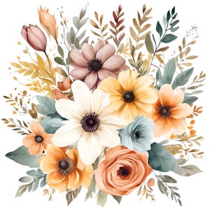 8 pastelkleurige herfstbloemen clipartbundel | Aquarel herfstbloemen, png | Zacht oogstboeket voor knutselen, sublimatie, stickers, scrapbooking