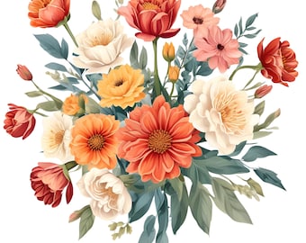 10 Scarlet Garden Floral Clipart Bundle | Czerwone i pomarańczowe kwiaty akwarelowe PNG | Jesienny boho kwiatowy klipart do rzemiosła, sublimacji, naklejek