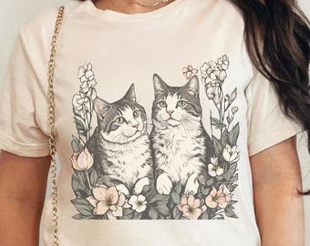 Koszulka z kotem i jego przyjaciółką w formacie PNG, Koszulka z parą kotów w formacie PNG | Plik do sublimacji cyfrowej dla koszulek dla niej i dla niego | Koszulka dla miłośników kotów, Koszulka koncertowa dla kobiet