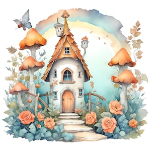15 Enchanted Cottage Clipart JPG Bundle | Fairy Tale Houses with Flowers & Rainbows | Whimsical JPG for Crafts, Printables, Junk Journals