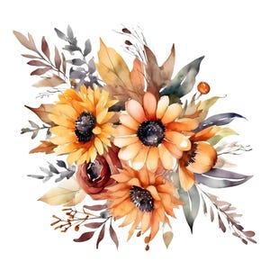 10 Autumn Harvest Floral Clipart Bundle, Fall Watercolor Sunflower, Daisies PNG, Rustic Boho Flower Bouquet for Sublimation, Planner Sticker