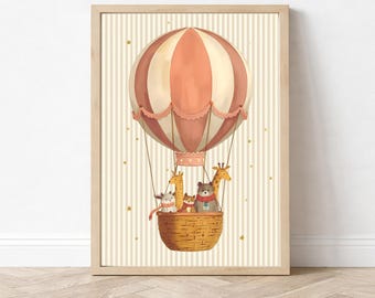 Plakat do pokoju dziecięcego z balonem na ogrzane powietrze i leśnymi zwierzętami do druku, słodki miś, lis, króliczek, żyrafa, zabawny plakat do pokoju dziecięcego