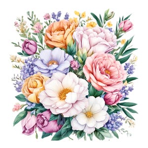 Imágenes prediseñadas de 12 flores florecientes, imágenes prediseñadas de ramos de flores, imágenes prediseñadas imprimibles, imágenes prediseñadas de acuarela, diario basura, descarga digital, manualidades de papel