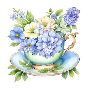 12 Clipart di tazze da tè floreali vittoriane, set da tè floreale, acquerello PNG, carta artigianale, diario di scarto, download istantaneo, uso commerciale
