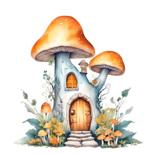 16 Mushroom Fairy House Clipart Bundle | Whimsical Woodland Cottage PNG | Fantasy Toadstool Houses for Crafts, Printables , Junk Journals
