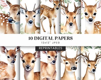10 Woodland Deer & Fawn Floral Digital Paper Bundle - Watercolor Forest Animal Backgrounds - Scrapbooking, Nursery Art, Sublimation