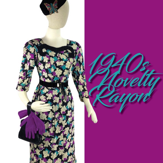 Vintage 1940s Floral Novelty Print Rayon Dress - 4