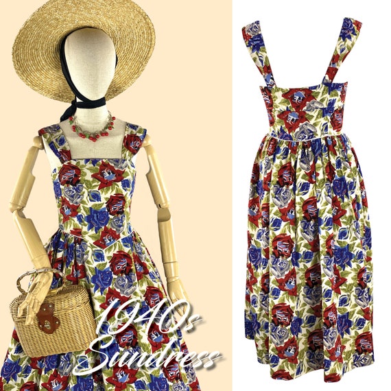 Vintage 1940s Red & Blue Rayon Sundress- 40s Blue