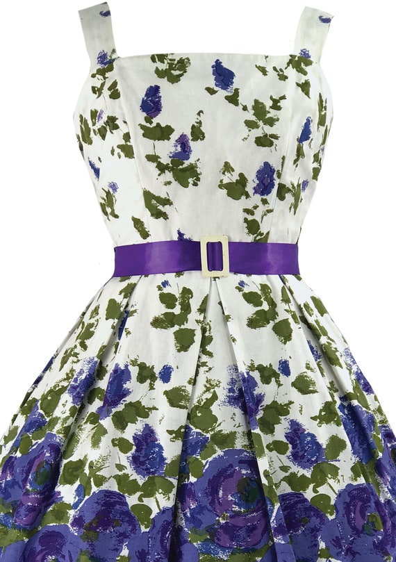 Vintage 1950s Blue Roses Border Print Dress - 50s… - image 3