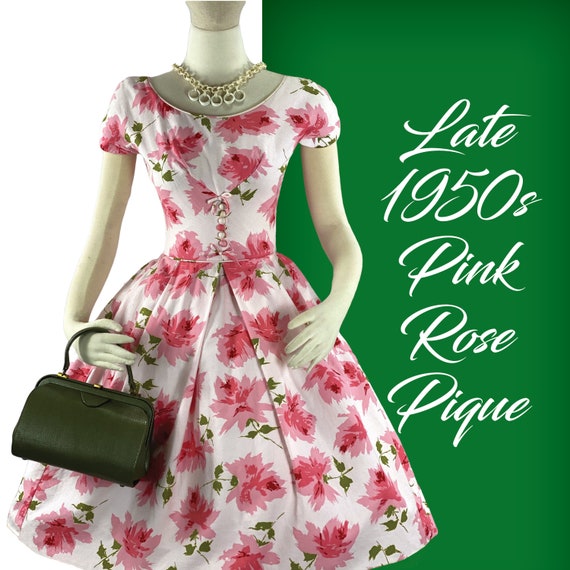 Late 1950s Pink Roses Piqué Cotton Dress - Early 1
