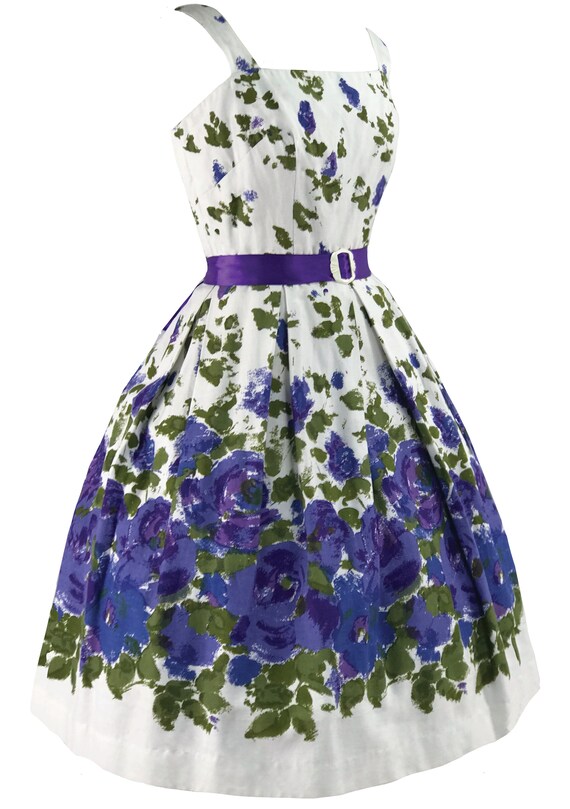 Vintage 1950s Blue Roses Border Print Dress - 50s… - image 2